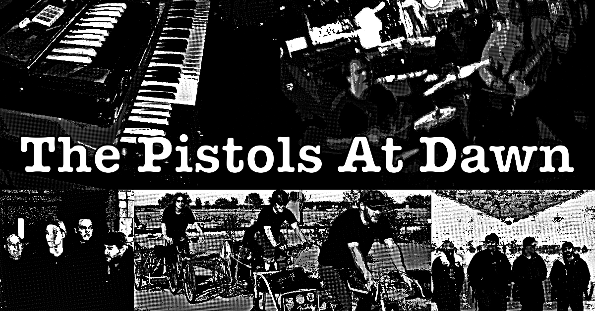 Black and white collage poster for The Pistols at Dawn featuring live performance images, a bicycle-era band photo, and a later group portrait